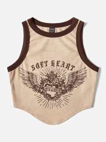SHEIN EZwear Letter and Graphic Print Contrast Binding Crop Tank Top - Apricot - View 6