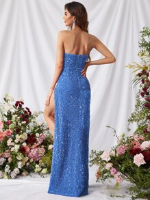 Split Thigh Sequin Tube Dress - Blue - View 2