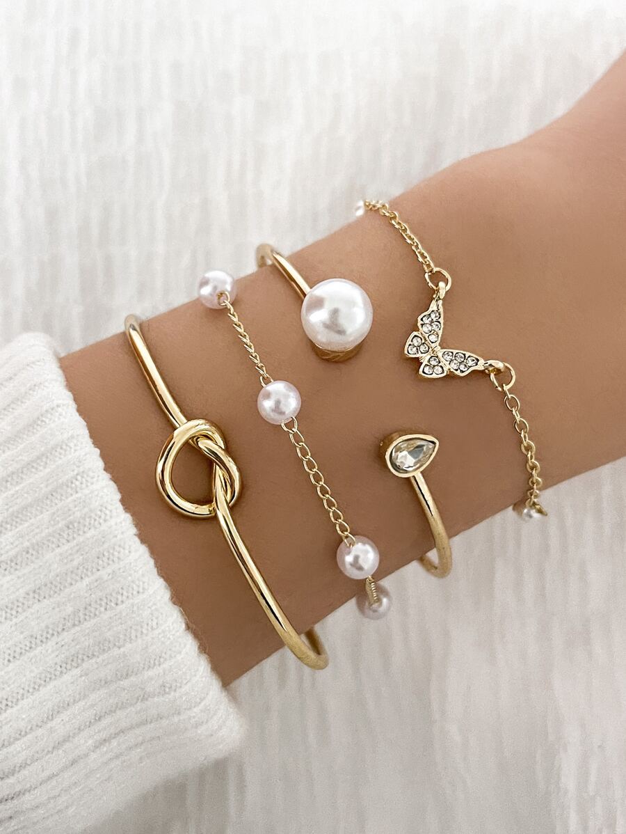 4 cái/bộ Vòng tay trang trí bướm và ngọc trai giả - Vàng - Xem 1