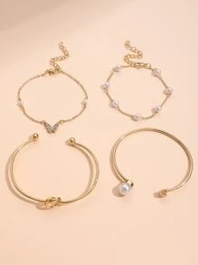 4 cái/bộ Vòng tay trang trí bướm và ngọc trai giả - Vàng - Xem 2