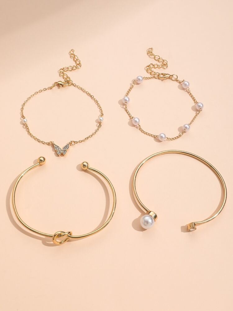 4 cái/bộ Vòng tay trang trí bướm và ngọc trai giả - Vàng - Xem 2