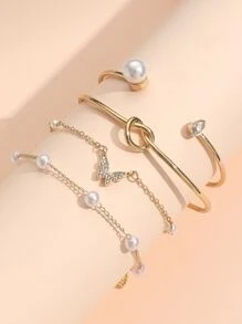 4 cái/bộ Vòng tay trang trí bướm và ngọc trai giả - Vàng - Xem 3