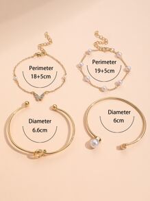 4 cái/bộ Vòng tay trang trí bướm và ngọc trai giả - Vàng - Xem 4