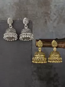 對復古鳥籠和鐘形吊墜耳環 - 彩色 - 查看 1