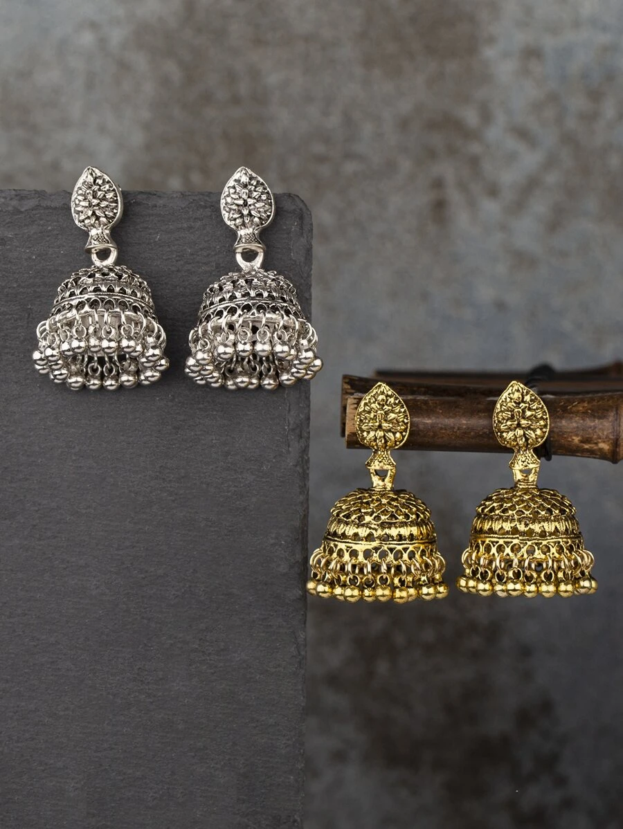 對復古鳥籠和鐘形吊墜耳環 - 彩色 - 查看 1