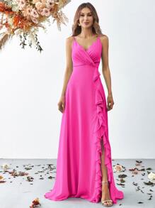 Ruffled Slit Thigh Bridesmaid Dress - Hot Pink - View 1