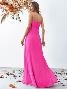 Ruffled Slit Thigh Bridesmaid Dress - Hot Pink - View 2