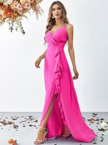Ruffled Slit Thigh Bridesmaid Dress - Hot Pink - View 5