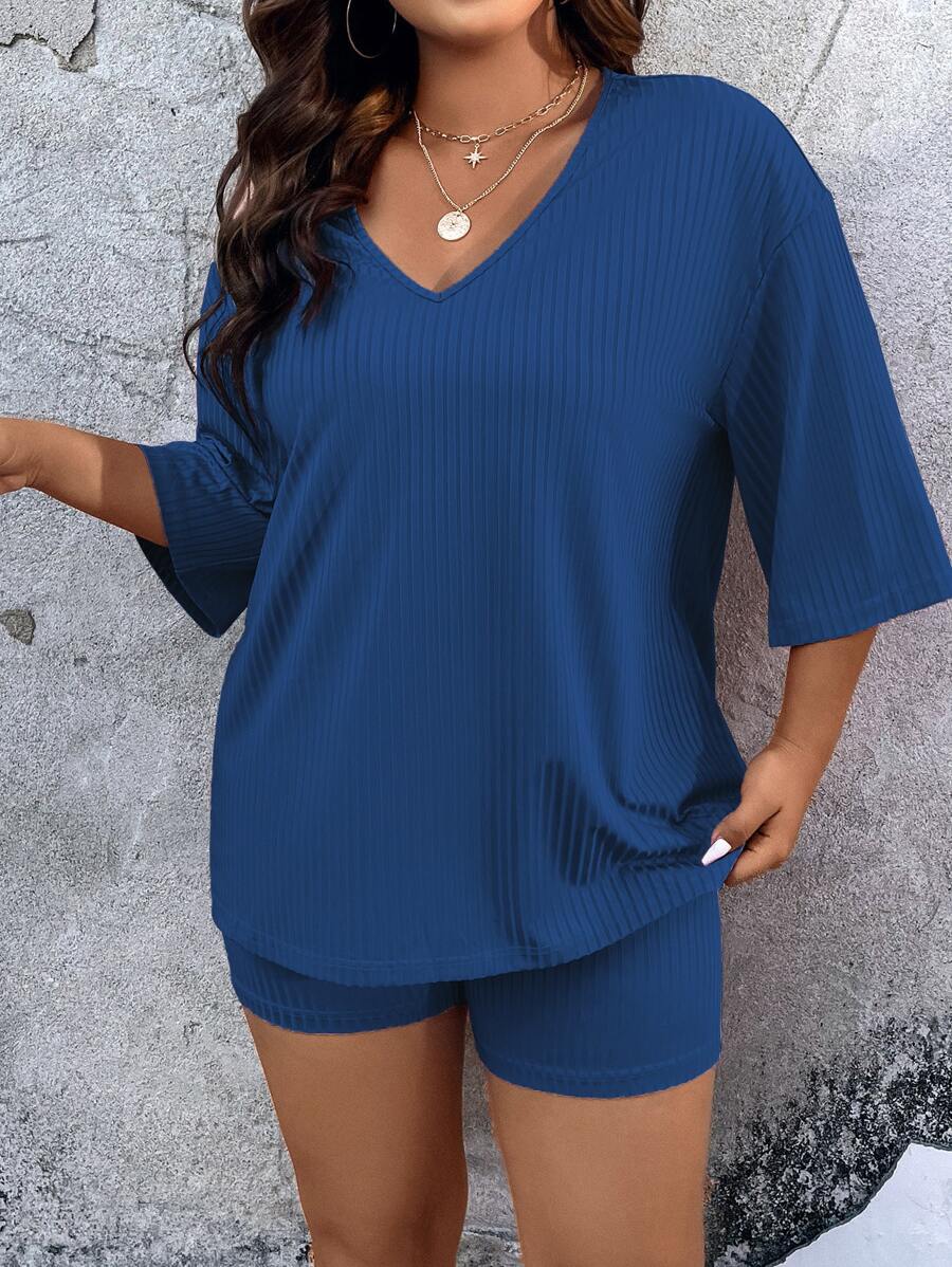 SHEIN LUNE Bộ thời trang Plus Size Gân đan màu trơn Giải trí - Xanh đậm - Xem 1