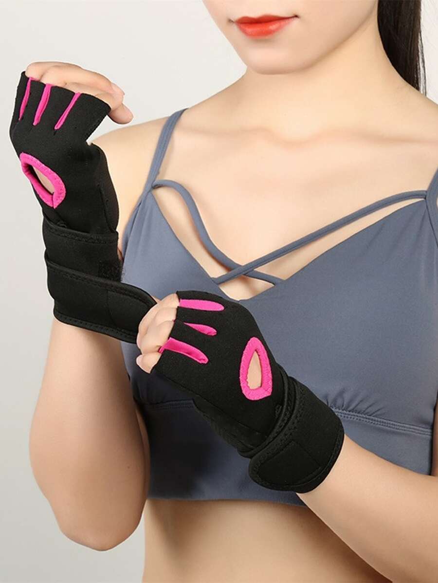 1双女式氯丁橡胶压缩健身举重防滑运动手套 - 玫紅色 - 查看 1