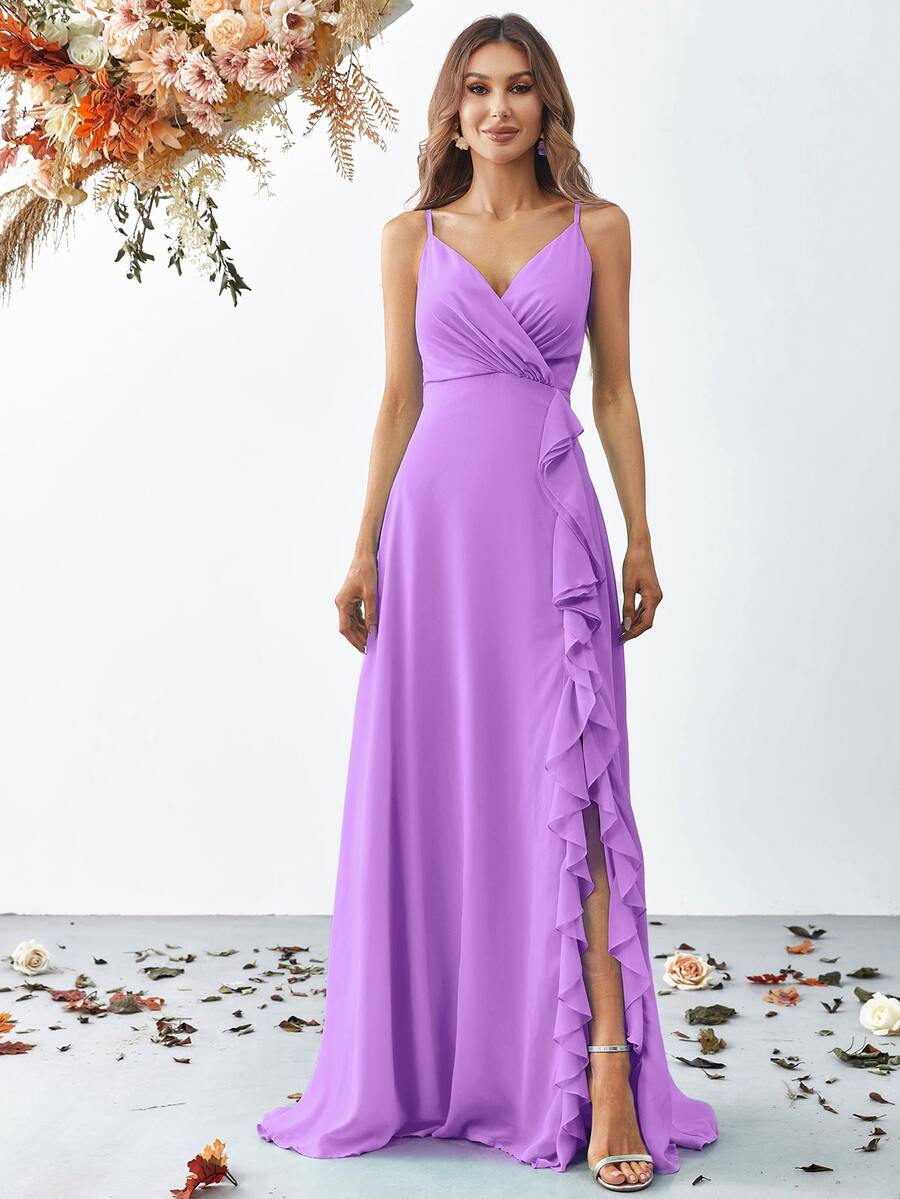 Ruffle Hem Slit High Thigh Pleated Strapless Dress, Bridesmaid Gown - Purple - View 1