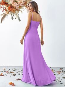 Ruffle Hem Slit High Thigh Pleated Strapless Dress, Bridesmaid Gown - Purple - View 2