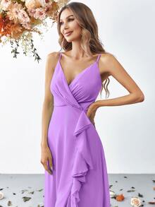 Ruffle Hem Slit High Thigh Pleated Strapless Dress, Bridesmaid Gown - Purple - View 3
