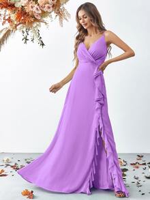 Ruffle Hem Slit High Thigh Pleated Strapless Dress, Bridesmaid Gown - Purple - View 5