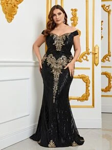 Plus Off Shoulder Sequin Formal Dress - Black - View 1