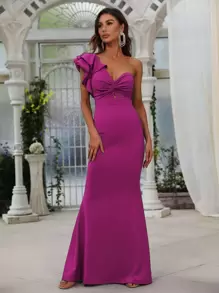 Faeriesty Women's Elegant Romantic Purple Knit Fabric Sleeveless Mermaid Dress With Asymmetric Neckline And Exaggerated Ruffle Design - Purple - View 3