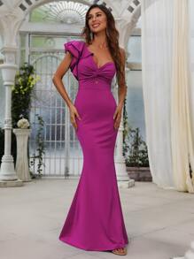 Faeriesty Women's Elegant Romantic Purple Knit Fabric Sleeveless Mermaid Dress With Asymmetric Neckline And Exaggerated Ruffle Design - Purple - View 1