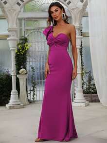 Faeriesty Women's Elegant Romantic Purple Knit Fabric Sleeveless Mermaid Dress With Asymmetric Neckline And Exaggerated Ruffle Design - Purple - View 4