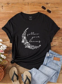 SHEIN LUNE Plus Floral And Moon Print Tee - Black - View 1