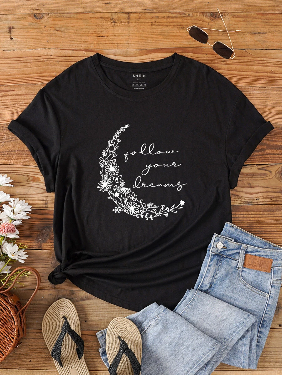 SHEIN LUNE Plus Floral And Moon Print Tee - Black - View 1