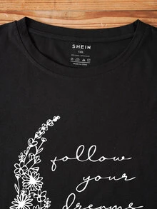 SHEIN LUNE Plus Floral And Moon Print Tee - Black - View 3
