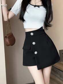 素色階梯式腰前紐扣裙裤 - 黑色 - 查看 1