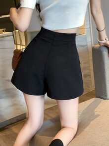 素色階梯式腰前紐扣裙裤 - 黑色 - 查看 2