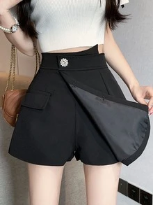 素色階梯式腰前紐扣裙裤 - 黑色 - 查看 3