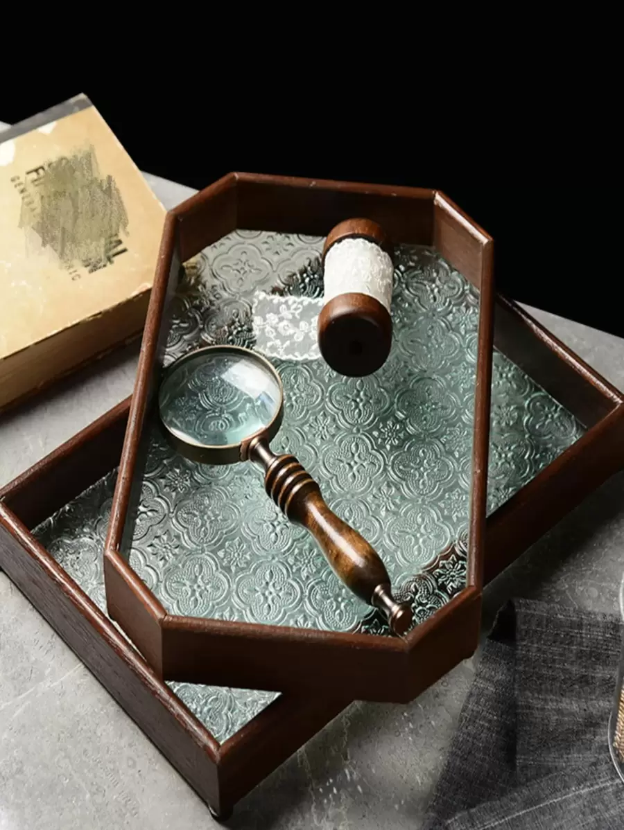 1pc Wooden Tray, Modern Geometric Design Kitchen Serving Tray For Kitchen - Multicolor - View 1