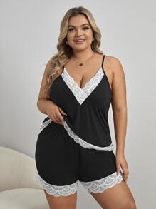 Plus Contrast Lace Cami Top & Shorts