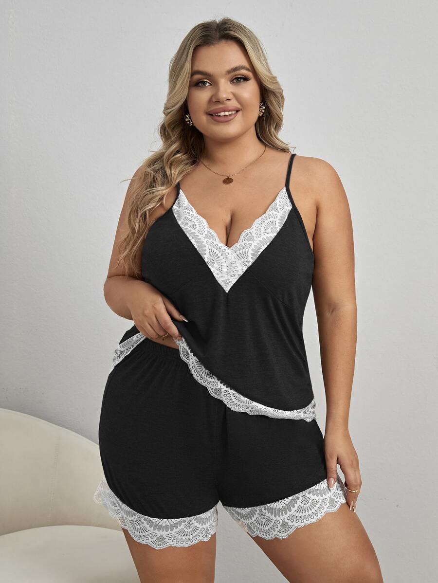 Plus Contrast Lace Cami Top & Shorts
