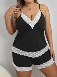 Plus Contrast Lace Cami Top & Shorts