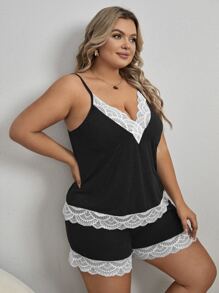 Plus Contrast Lace Cami Top & Shorts