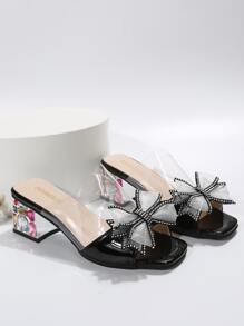 女士水鑽和蝴蝶結裝飾透明帶粗跟時尚夏天穆勒涼鞋