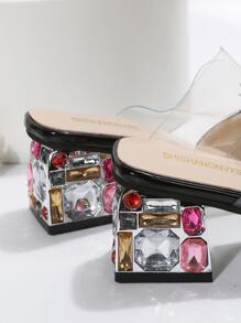 女士水鑽和蝴蝶結裝飾透明帶粗跟時尚夏天穆勒涼鞋