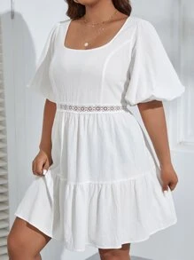 Dreamara Plus Contrast Lace Ruffle Hem Dress - White - View 2