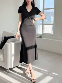 DAZY Vestido de escote cruzado con dobladillo de cola de sirena, vestido de verano, ropa de vuelta al colegio - Negro - Ver 1