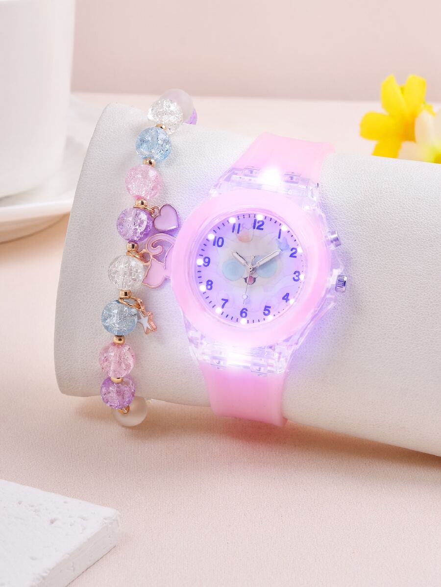 1pc Kids Cat Print Dial Quartz Watch & 1pc Bracelet - Pink - View 1