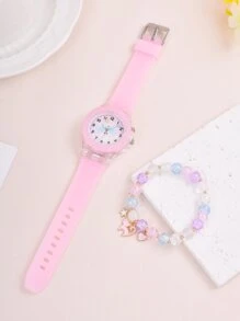 1pc Kids Cat Print Dial Quartz Watch & 1pc Bracelet - Pink - View 2