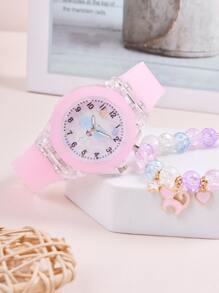 1pc Kids Cat Print Dial Quartz Watch & 1pc Bracelet - Pink - View 3