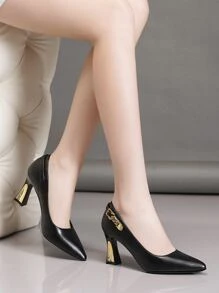 女士时尚搭扣装饰纯色舒适百搭高跟休闲鞋，适合所有季节，优雅女士高跟鞋，优雅 - 黑色 - 查看 3