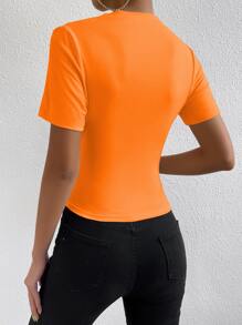 Chiquease 素色褶邊T恤 - 橘色 - 查看 2