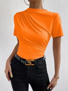 Chiquease 素色褶邊T恤 - 橘色 - 查看 5