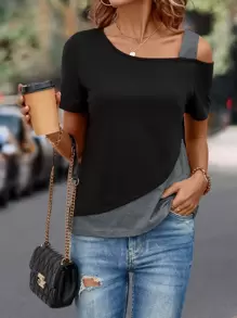 SHEIN LUNE 拼色不对称领口 T 恤 图案 T 恤 女式上衣 - 彩色 - 查看 1