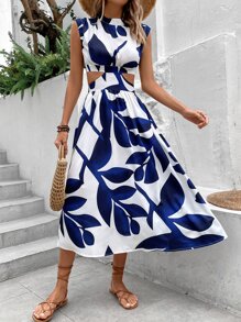 Breezaya Leaf Print Cut Out Waist Dress Maxi Vacation Beach Outfits Women - White - View 7