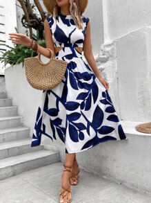 Breezaya Leaf Print Cut Out Waist Dress Maxi Vacation Beach Outfits Women - White - View 3