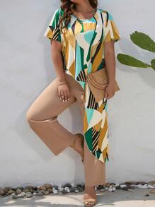 SHEIN LUNE Plus Geo Print Asymmetrical Hem Tee & Pants - Multicolor - View 1
