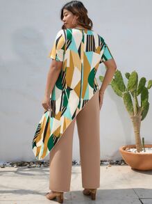 SHEIN LUNE Plus Geo Print Asymmetrical Hem Tee & Pants - Multicolor - View 2