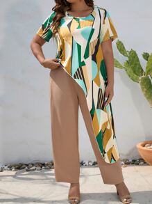 SHEIN LUNE Plus Geo Print Asymmetrical Hem Tee & Pants - Multicolor - View 6