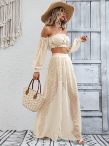 SHEIN VCAY 一字肩燈籠袖短款上衣和高衩半身裙 - 杏色 - 查看 6